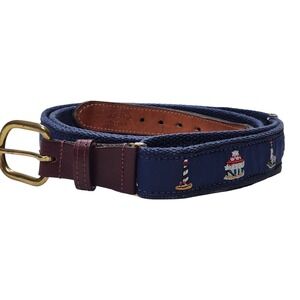 Skippers Lighthouse Nautical Canvas Blue Belt Leather Adjustable Brass Kennedy